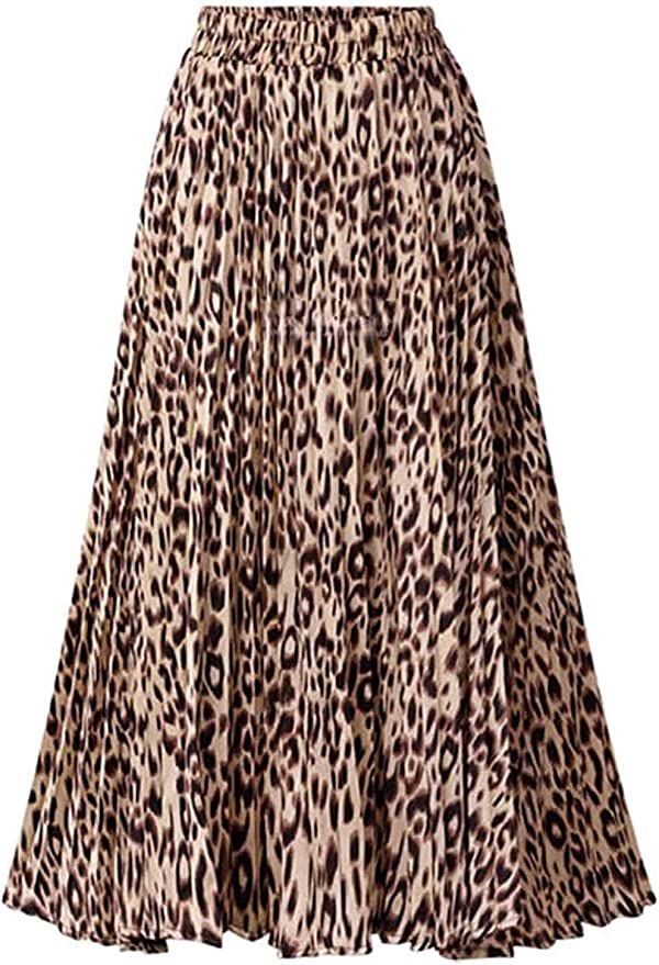 Amazon.com: Womens Skirt Leopard Print Midi Long Shirring Skirts High Waisted A Line Skirtss Yell... | Amazon (US)