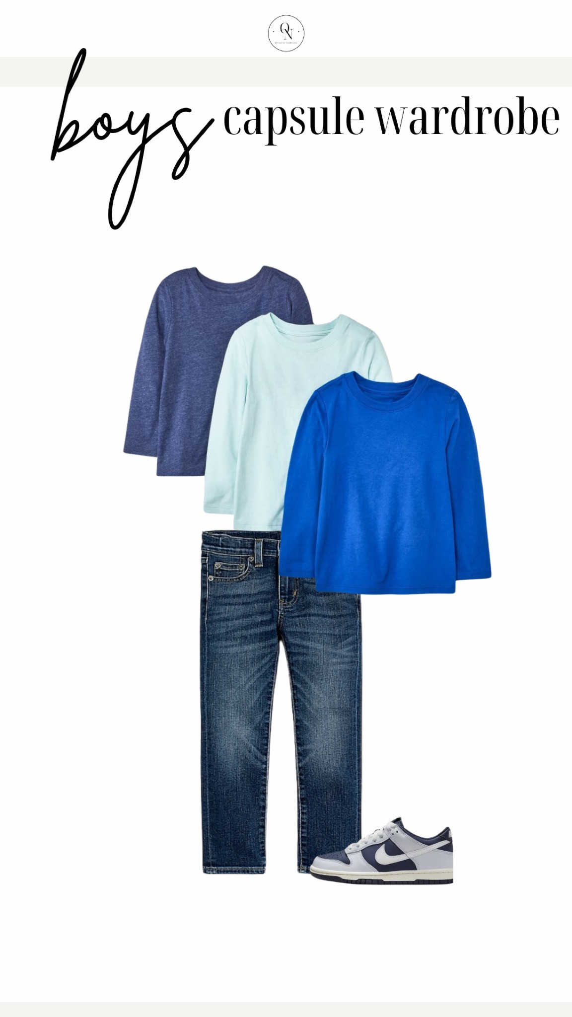 Boys capsule wardrobe for spring outfit idea with long sleeve tshirts and jeans. Here is a list of recommended items with the number I suggest for each! Remember this is a jumping off point and you should go through your kids clothes and see what they have first before heading to the store.

5x Short Sleeve Tshirts // I recommend a mix of graphic and plain Tshirts.