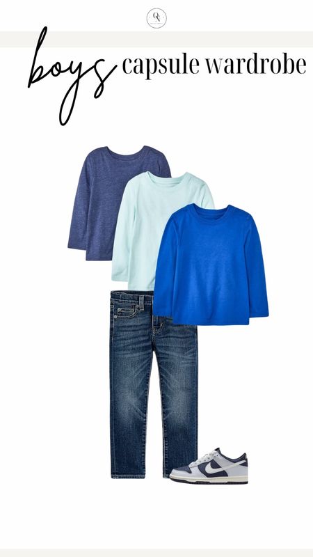 Boys capsule wardrobe for spring outfit idea with long sleeve tshirts and jeans. Here is a list of recommended items with the number I suggest for each! Remember this is a jumping off point and you should go through your kids clothes and see what they have first before heading to the store.

5x Short Sleeve Tshirts // I recommend a mix of graphic and plain Tshirts.