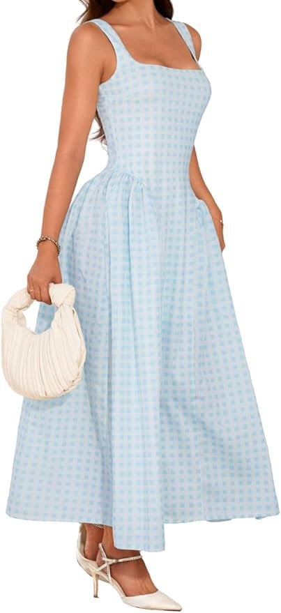 Plaid Maxi Dress, A-Line Drop-Waist, Wedding Guest Tea Party, Pastel Gingham Square Neck Flowy Se... | Amazon (US)