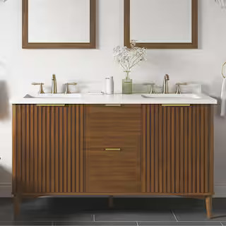 Gabi 60 in. W x 22 in. D x 35 in. H Double Sink Bath Vanity in Warm Walnut with White Engineered ... | The Home Depot