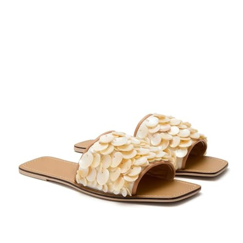 Bouwno Flat Sandals for Women Shell Slide Sandals Dressy Comfortable Casual Summer Beach Slip on Square Toe Open Toe Sandal | Amazon (US)