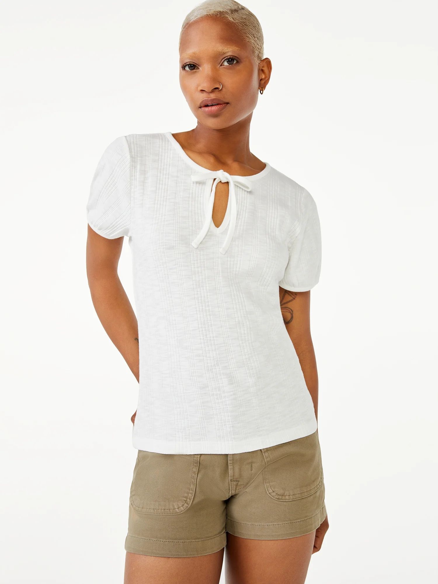 Free Assembly Women's Tie Neck Top with Puff Sleeves | Walmart (US)