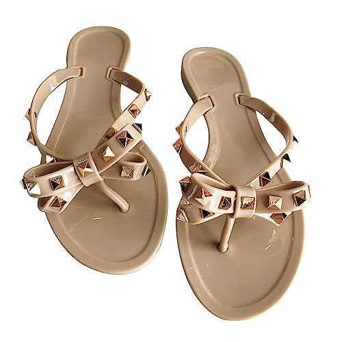 Womens Bow Flip Flop Sandals Studded Jelly Shoes Summer Beach Thong Slippers | Amazon (US)