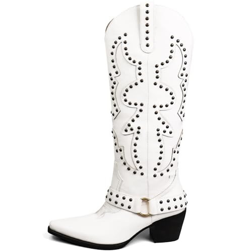 VBDB White Cowboy Boots for Women Cowgirl Knee High Boots Wide Calf Western Boots Pointed Toe Studded Fashion Thigh High Boots Size 9.5 | Amazon (US)