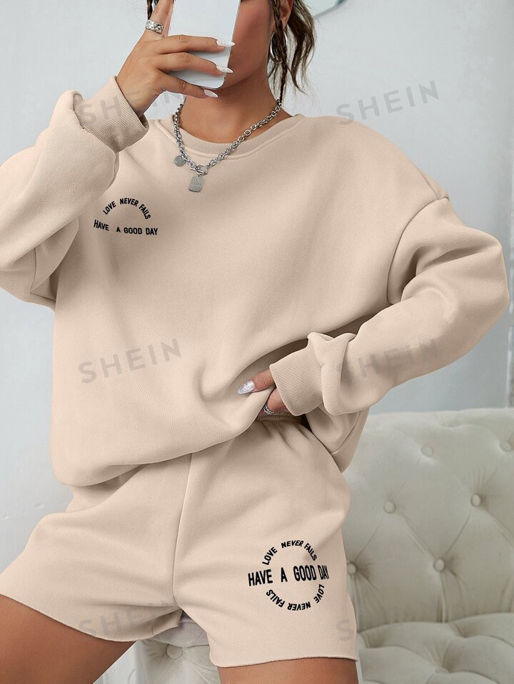 SHEIN EZwear Slogan Graphic Thermal Lined Drop Shoulder Sweatshirt & Shorts | SHEIN