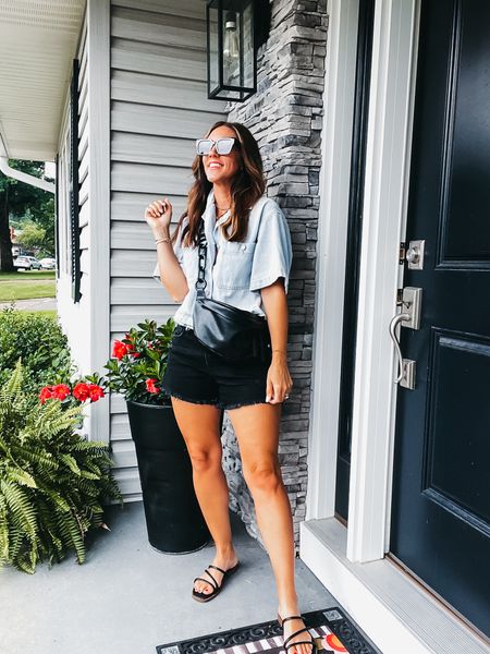 Boxy cropped short sleeve denim top, where as a blouse or opened up as a denim jacket! - size small 
raw hem black denim shorts — wearing size 27 
strappy black sandals
Amazon sunnies 
colorful beaded initial necklace (R)

#LTKSaleAlert #LTKStyleTip #LTKFindsUnder50