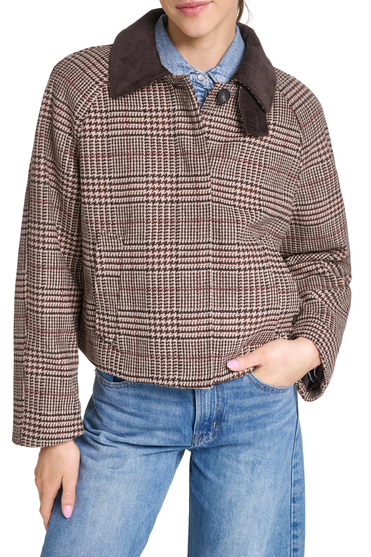 Corduroy Collar Houndstooth Plaid Short Mac Jacket (Women) | Nordstrom | Nordstrom