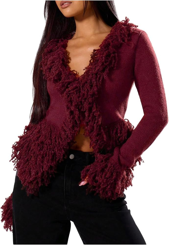 WDIRARA Women's Fuzzy Trim Cardigan Sweater Goth Punk V Neck Long Sleeve Knit Outerwear | Amazon (US)