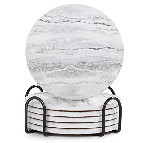 Acejoz Drink Coasters with Holder for Coffee Table, Absorbent Coaster Set of 6, Marble Style Ceramic Coaster for Wooden Table, Suitable for Kinds of Cups, Home Decor, 4 Inches | Amazon (US)