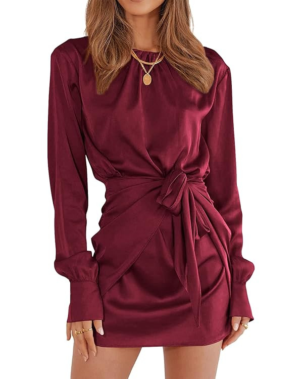 PRETTYGARDEN Women's Spring Satin Dress Long Sleeve Tie Waist Elegant Cocktail Party Mini Fall Dr... | Amazon (US)