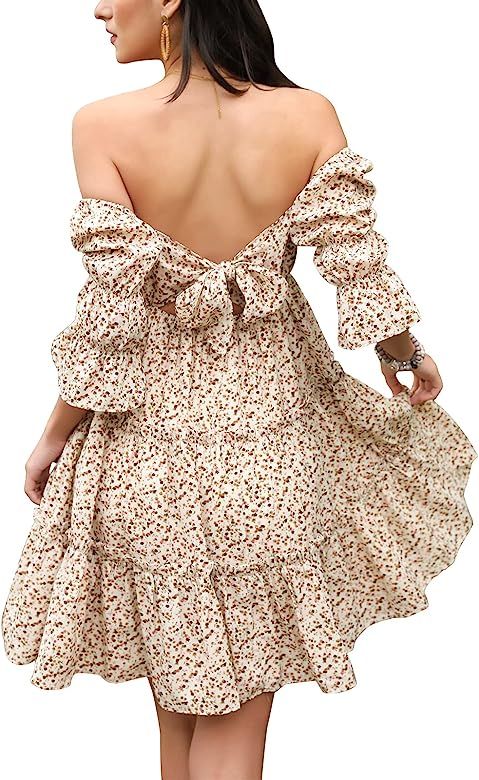 EXLURA Women's Tie Back Square Neck Dresses Puff Elbow Sleeve Off Shoulder Tiered Ruffle Floral B... | Amazon (US)