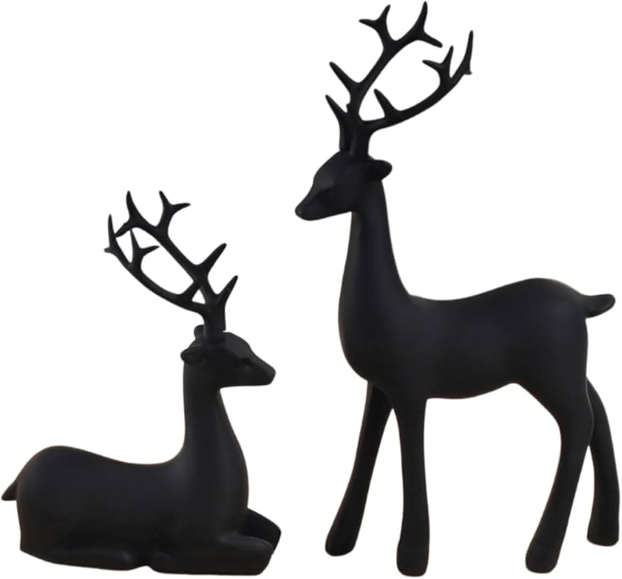 2 Pcs Christmas Reindeer Sculpture, Resin Deer Christmas Decoration, Matte Black Resin Elk Statue... | Amazon (US)