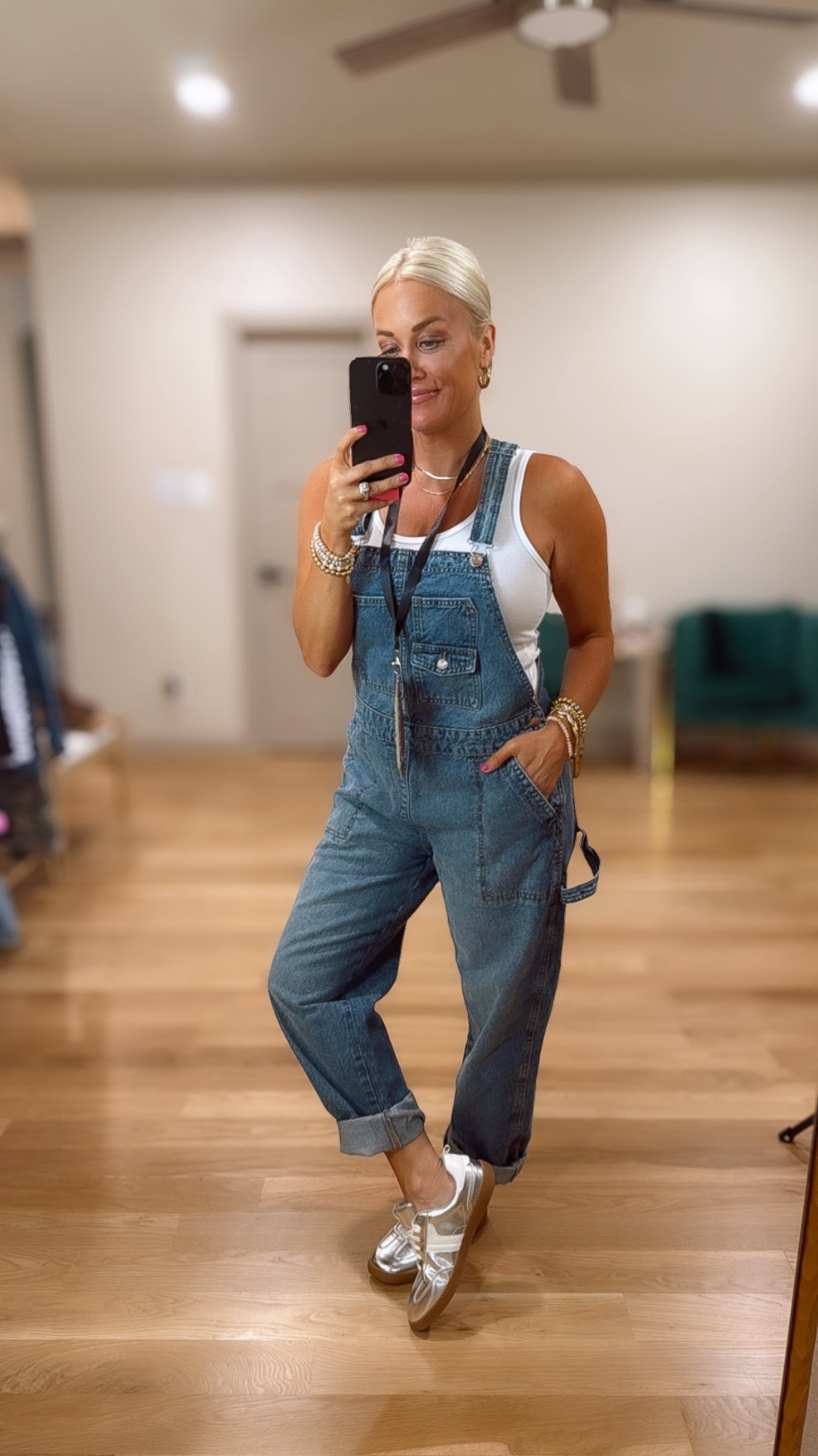 Teacher outfit inspo from Walmart 
Denim overalls - size medium
White tank top- medium 
Kids silver sneakers - size 6 