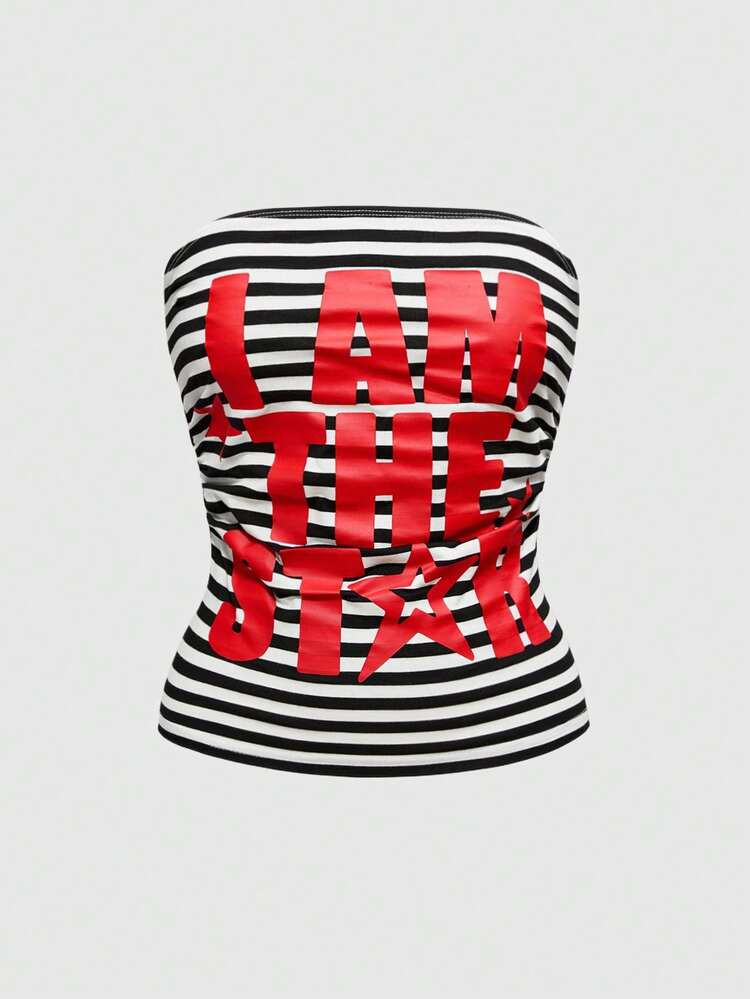 ROMWE J-Fashion Spring/Summer Y2K Slogan & Star Print Ruched Waist Women Kpop Tube Top | SHEIN