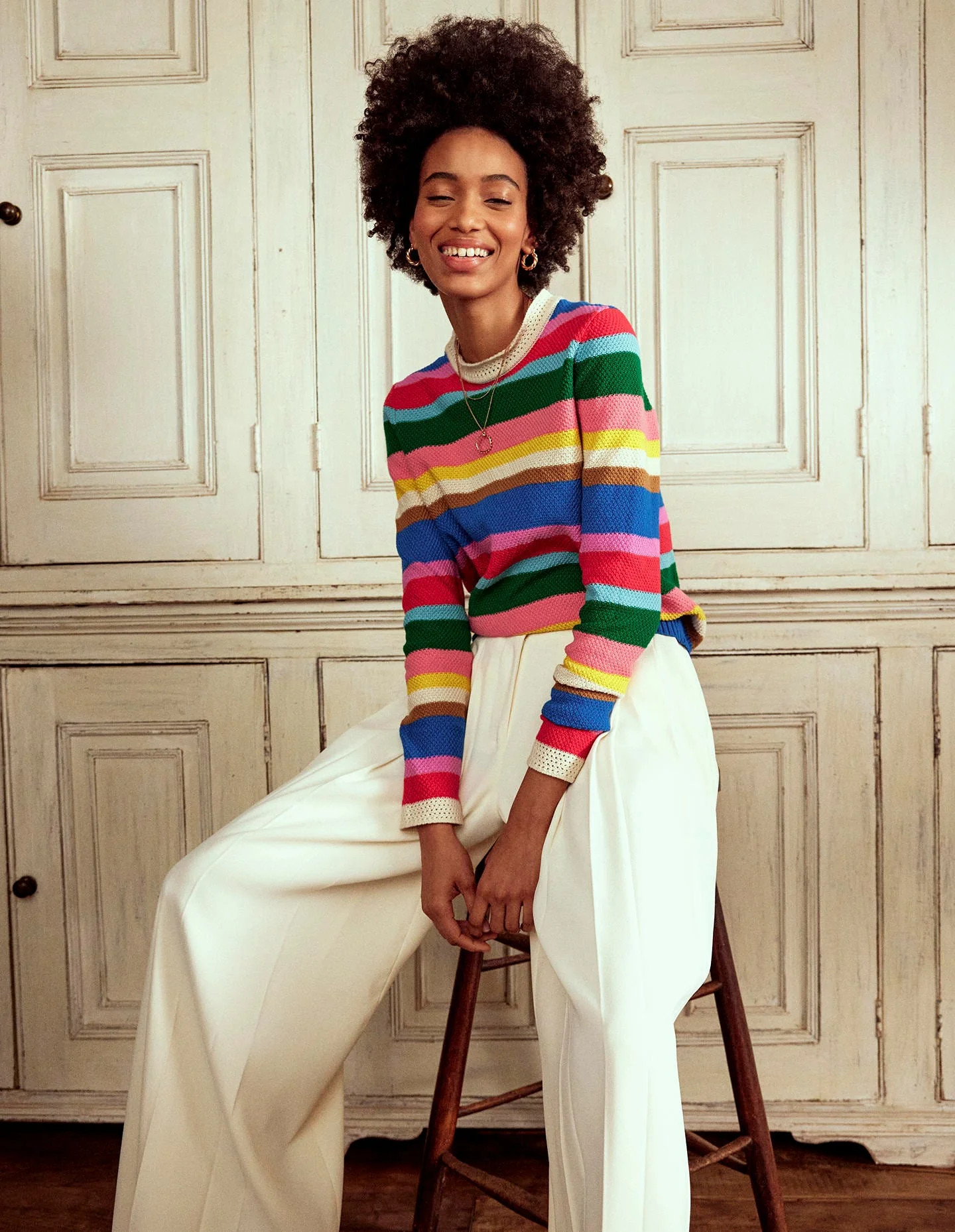 Callie Crochet Trim Sweater-Bright Rainbow Stripe Large | Boden (US)