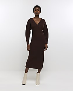 Brown long sleeve jumper midi dress | River Island (US)