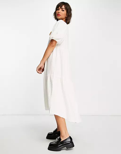Mango midi dress with balloon sleeves in white | ASOS (Global)