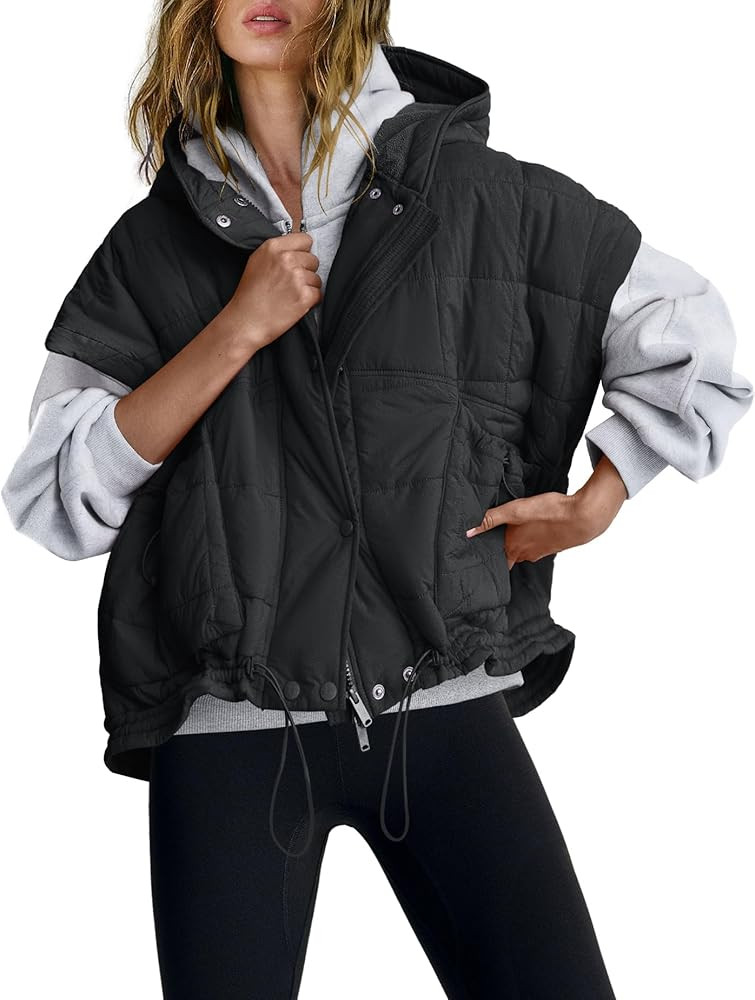 Yanekop Cropped Puffer Vest Women Lightweight Quilted Jacket Oversized Poncho Stand Collar Full Z... | Amazon (US)