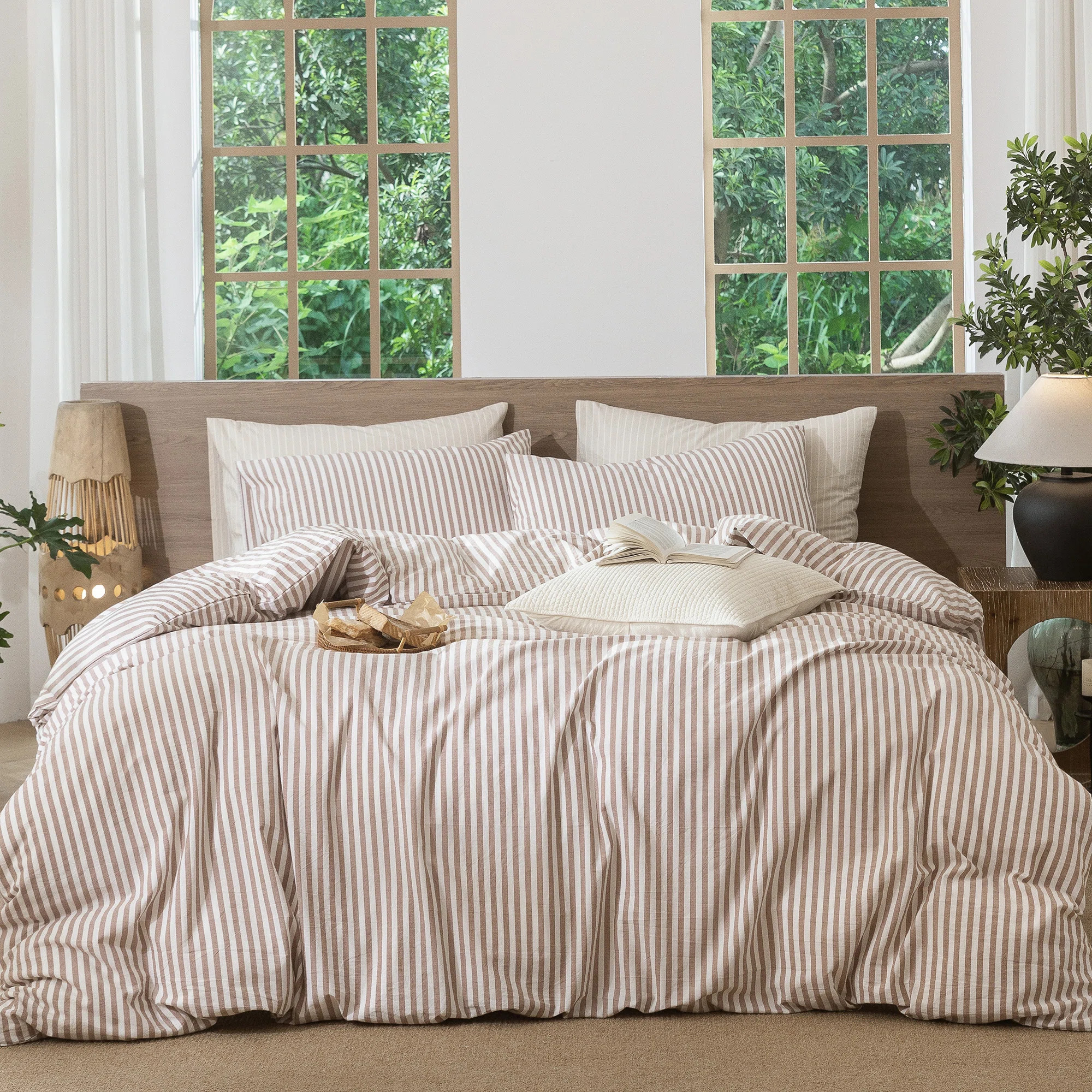 MooMee Striped Duvet Cover Set 100% Washed Cotton Linen Like Textured | Wayfair North America