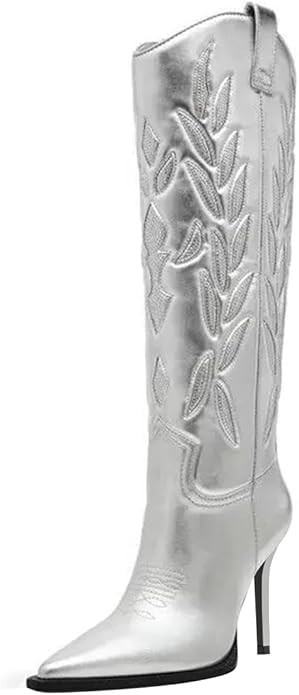 FOWT Women Pointed Toe Knee High Boots Embossing Stiletto High Heel Cowboy Boots Pull on Fashion ... | Amazon (US)