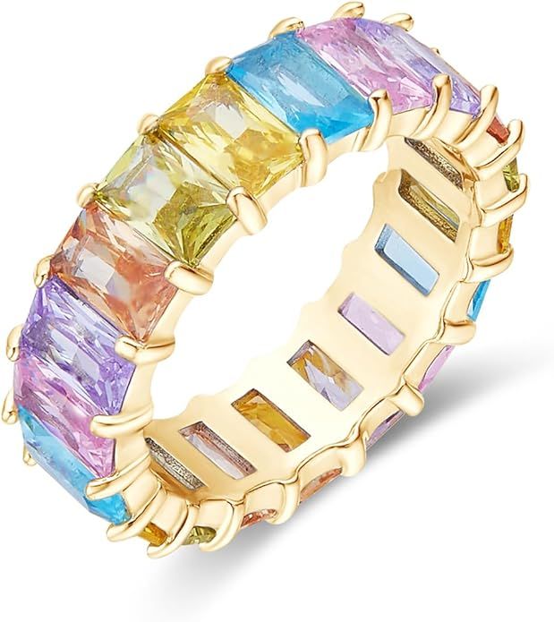 AFFY Eternity Rainbow Ring 18K Gold Plated Emerald-Cut Multi Color AAA Created-Gemstone Rainbow R... | Amazon (US)