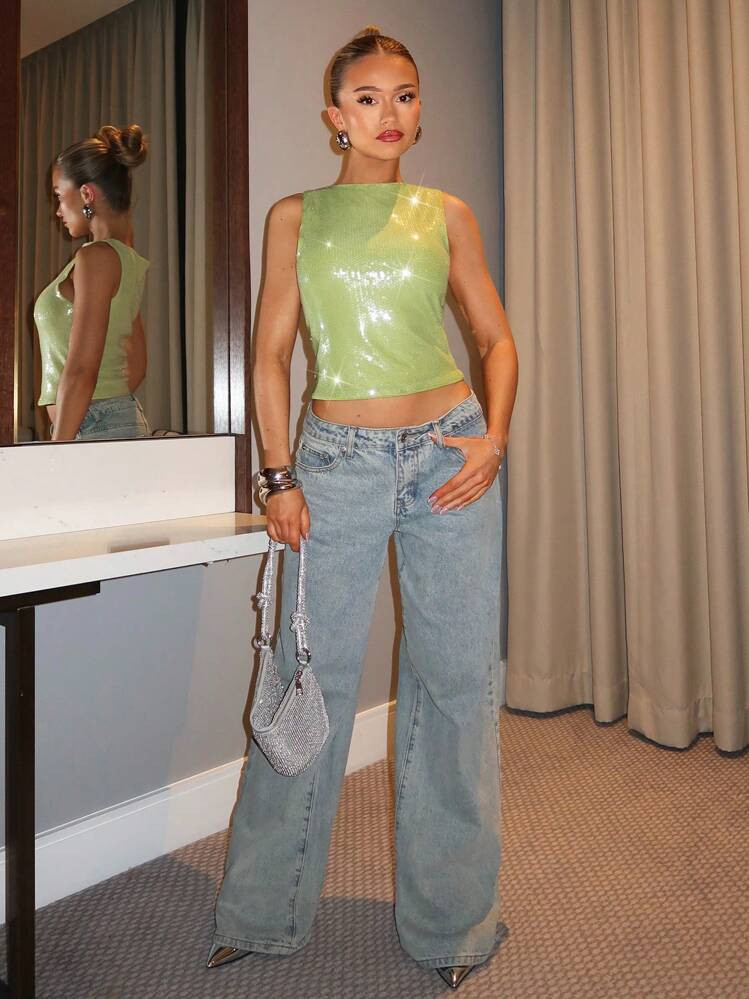 SHEIN BAE Women's Fashionable Sleeveless Sequin Top, Suitable For Music Festivals, Night Outings,... | SHEIN