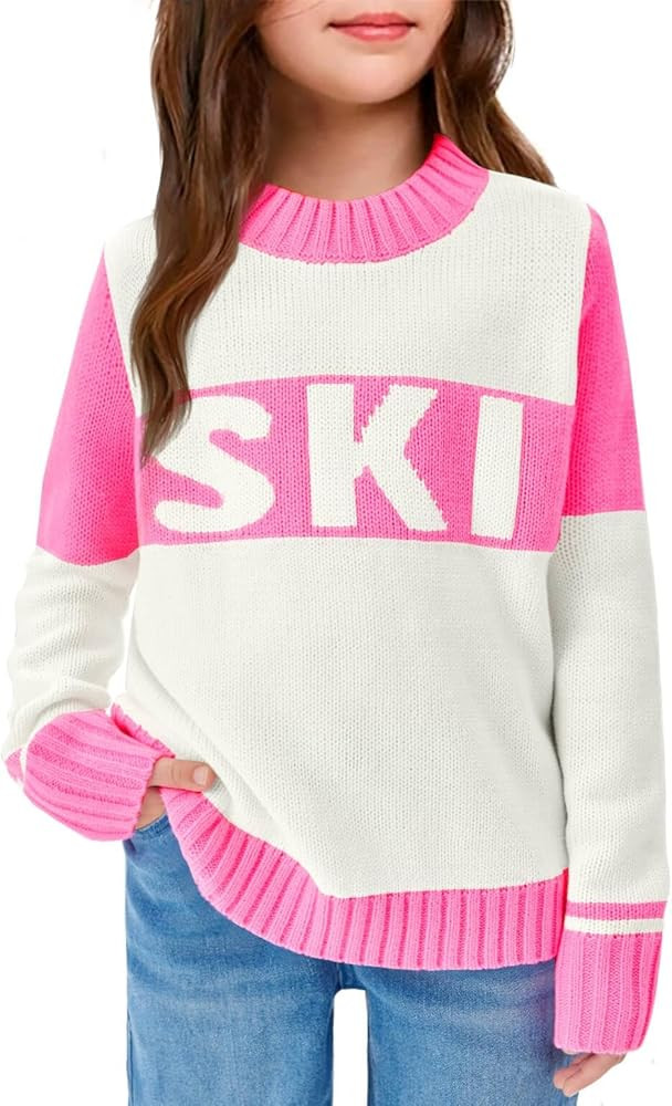 LAYOGAS Girl's Ski Pullover Sweaters Crew Neck Color Block Striped Long Sleeve Knitwear Jumper To... | Amazon (US)