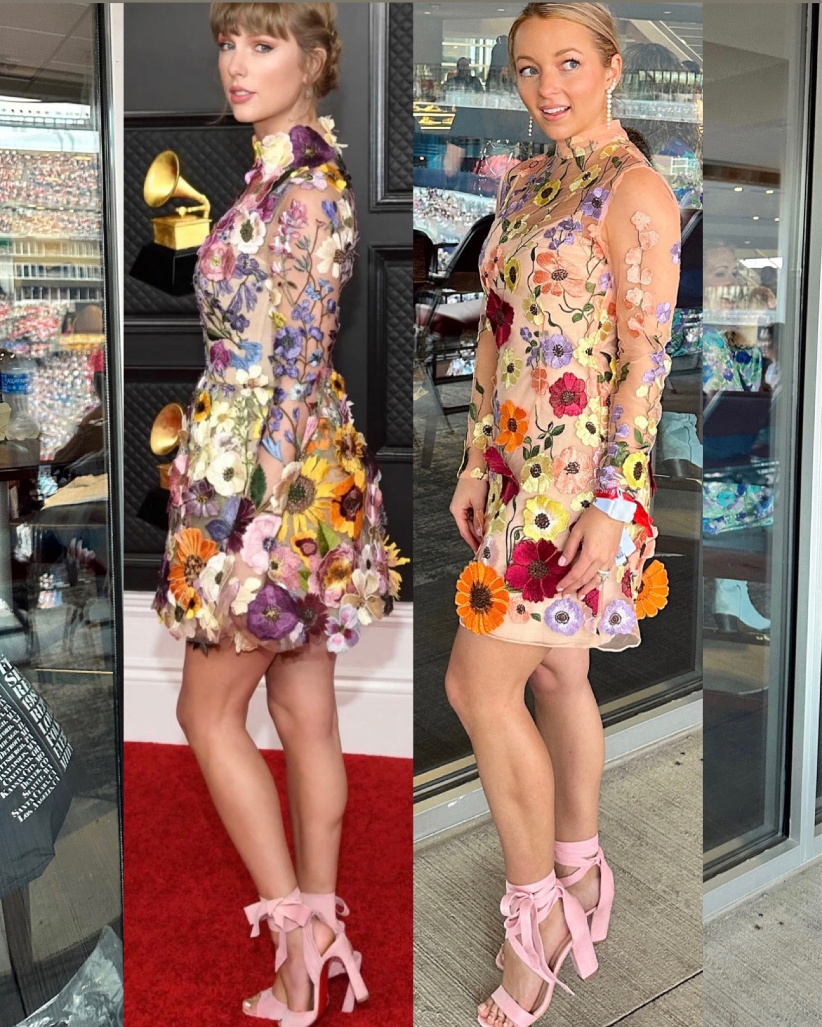 @taylorswift played her first stadium show at Gillette Stadium 13 years ago, and this was her 13th show there— and we sat in the 13th row of our section… so it obviously called for a 2021 Taylor at the Grammys look 🙆🏼‍♀️❤️ 

Similar dresses, my heels, & earrings linked here: 

#ErasTour #concertoutfit #floraldress 