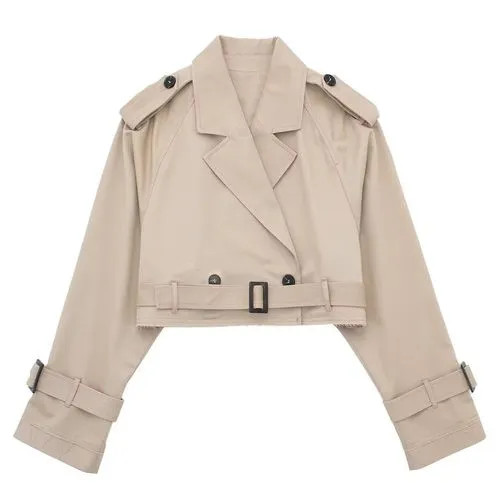 Sundine - Lapel Collar Plain Belted Double-Breasted Crop Trench Jacket | YesStyle Global
