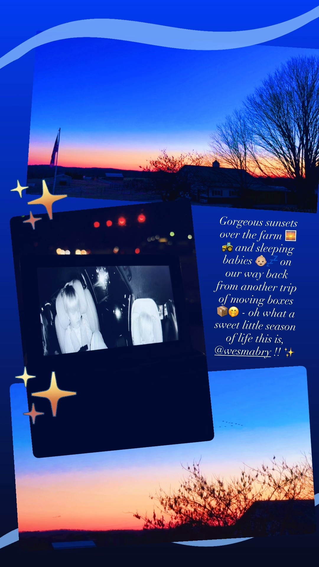 Gorgeous sunsets over the farm 🌅🚜 and sleeping babies 👶🏼💤 on our way back from another trip of moving boxes 📦🤭 - oh what a sweet little season of life this is, @wesmabry !! ✨