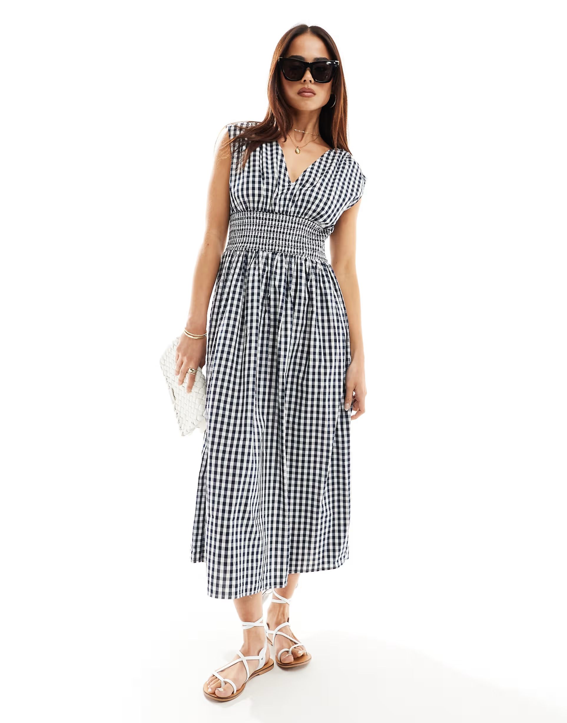 Y.A.S shirred waist v neck midi dress in navy gingham | ASOS (Global)