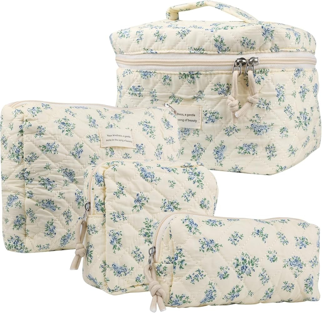 4Pcs Large Capacity Makeup Bag for Women, Cute Portable Quilted Coquette Aesthetic Floral Cosmeti... | Amazon (US)