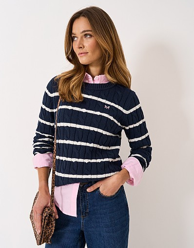 Crew Neck Chunky Heritage Cable Knit Jumper in Navy and White | Crew Clothing (UK)
