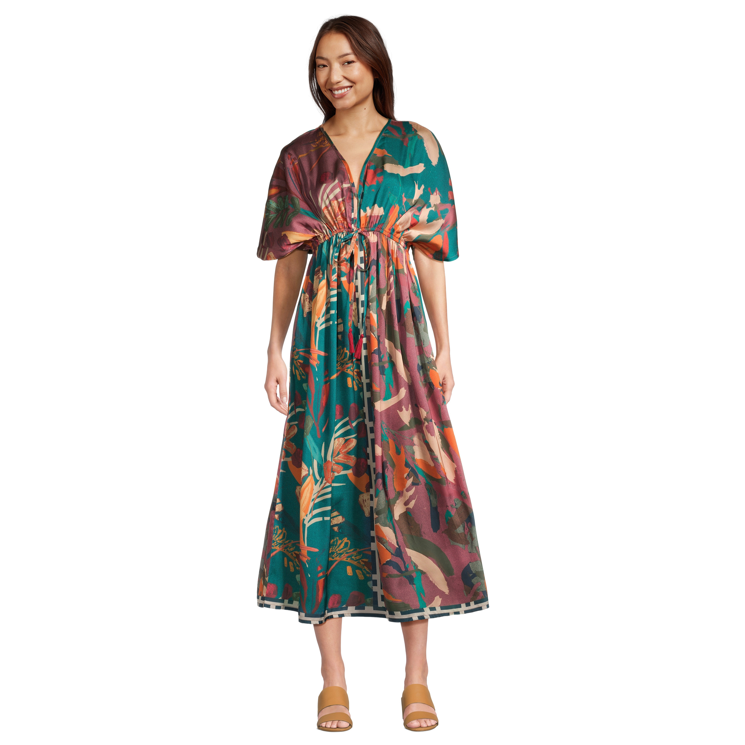 Mira Jewel Satin Abstract Tropical Kaftan Dress with Pockets | World Market