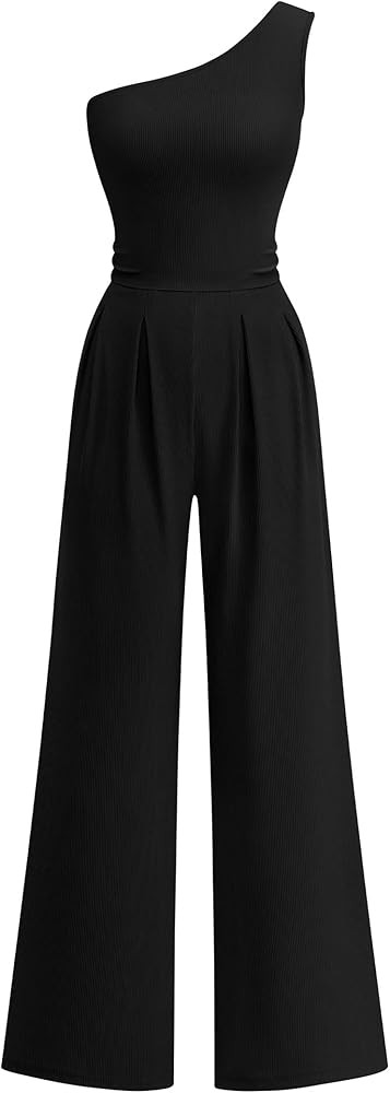 KIRUNDO Jumpsuits For Women Dressy Sleeveless One Shoulder Ribbed Knit Wide Leg Rompers With Pock... | Amazon (US)