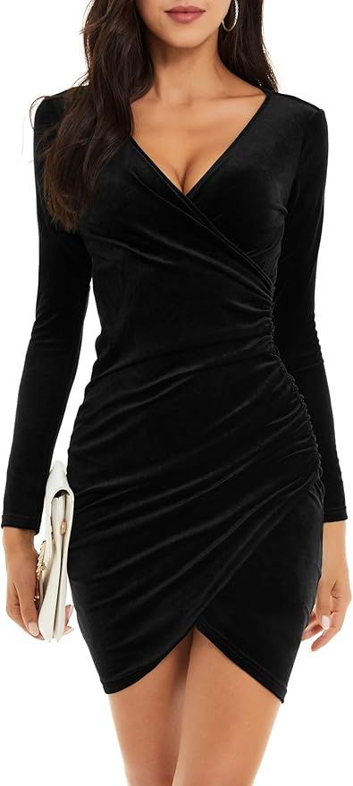 GUBERRY Womens Wrap V Neck Long Sleeve Velvet Bodycon Ruched Cocktail Party Dress | Amazon (US)