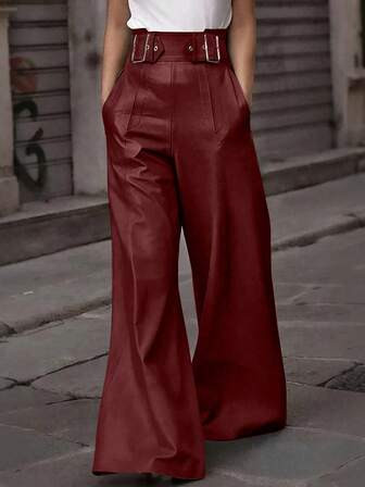 Faux Leather Spring Wideleg Pants  | SHEIN