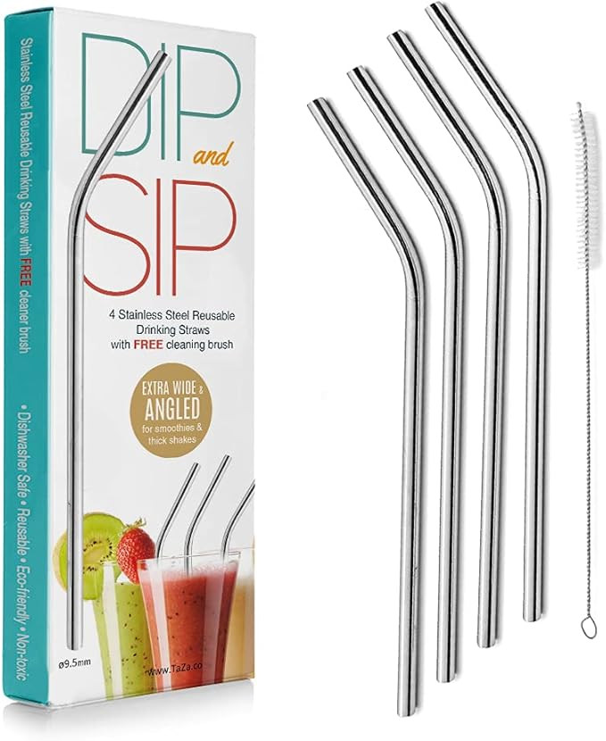 Dip and Sip Wide Bent Metal Straws for Thick Drinks & Smoothies | Stainless Steel Drinking Straws... | Amazon (US)