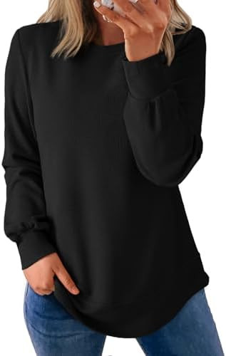 Dokotoo Women's Crew Neck Long Sleeve Shirts Waffle Knit Loose Tops Basic Tees 2025 Casual Comfy ... | Amazon (US)