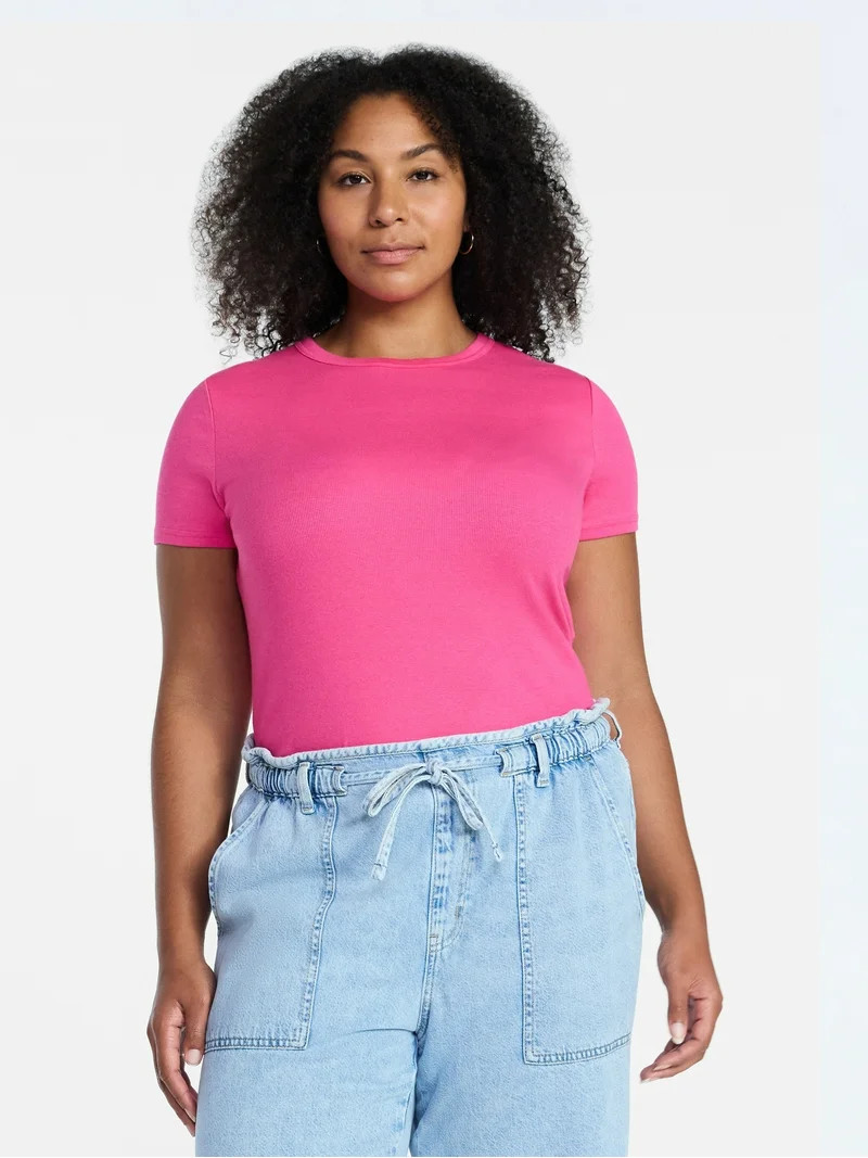 Time and Tru Women's Ribbed Tee with Short Sleeves, Sizes XS-XXXL | Walmart (US)
