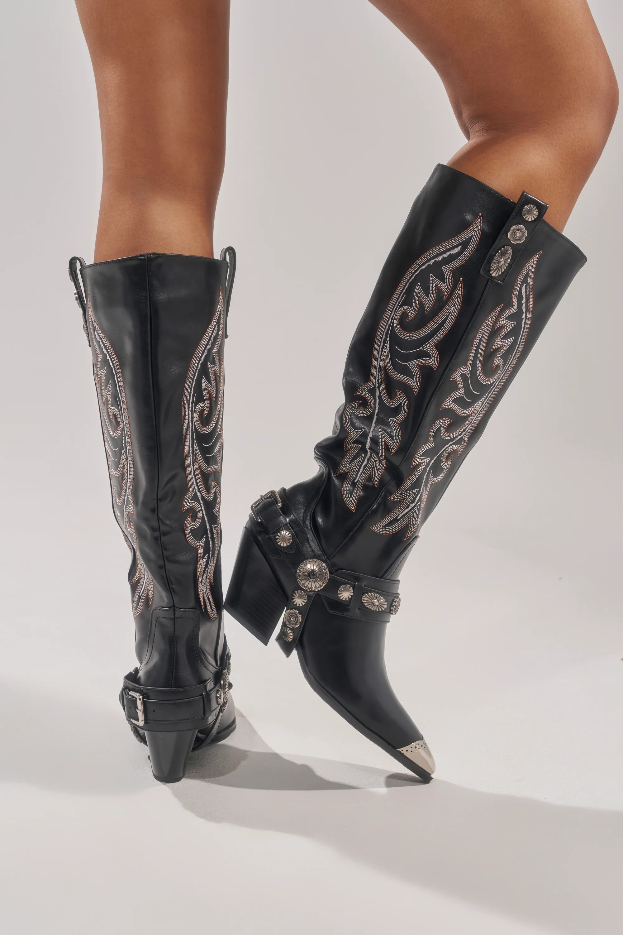 AZALEA WANG GERVASE BLACK PU SILVER HARDWARE WESTERN BOOT | AKIRA