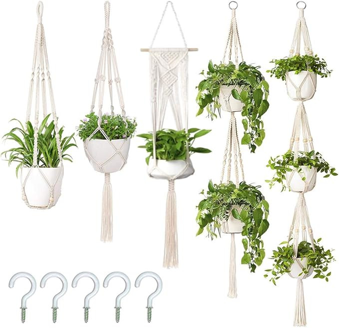 AerWo 5 Pack Macrame Plant Hangers Outdoor Indoor Hanging Planters + 5 Hooks, Hanging Plant Holde... | Amazon (US)