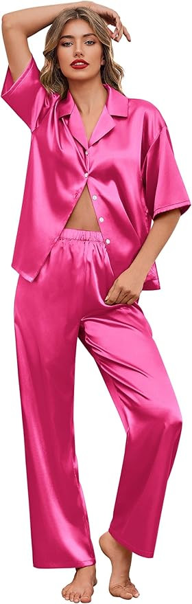 Ekouaer Silk Satin Pajamas Set Women Short Sleeve Pj Sets Button Down Sleepwear 2 Piece Soft Loun... | Amazon (US)