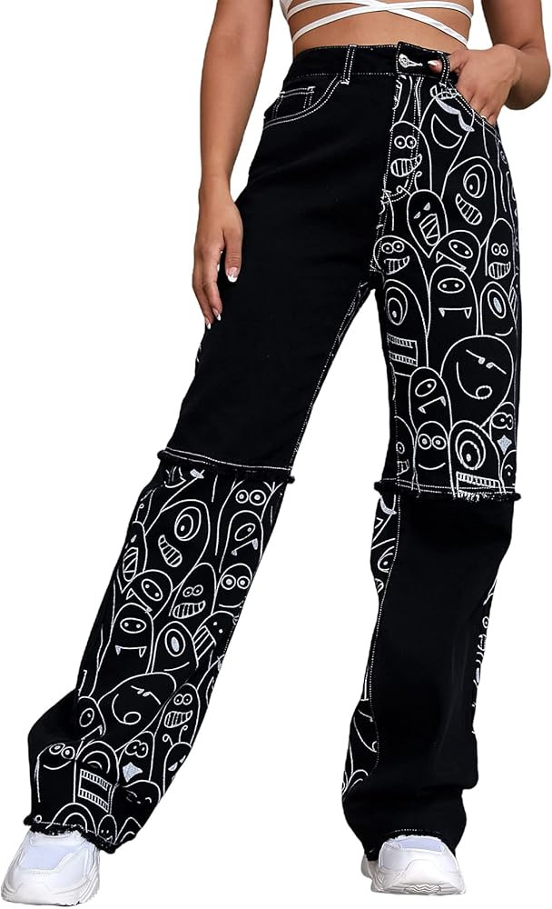 WDIRARA Women's High Waisted Wide Leg Print Casual Baggy Jeans Denim Pants | Amazon (US)