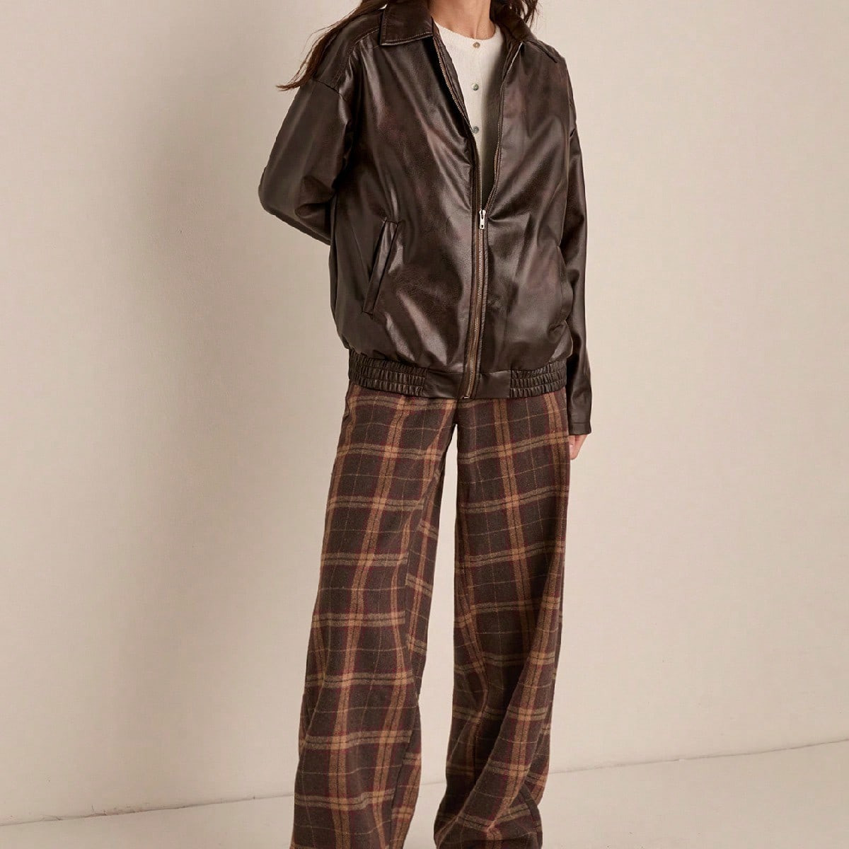 Easelle Coffee Colored Woven Leather Jacket For Women In Fall/Winter | SHEIN