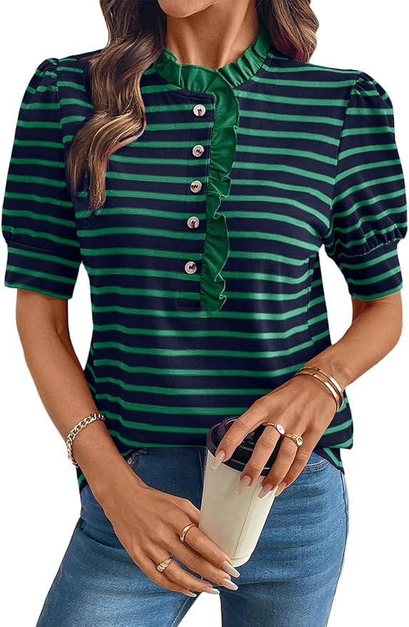 BLENCOT Summer T Shirt for Women Casual Puff Sleeve Button Down Ruffle Collar Striped Knit Blouse... | Amazon (US)