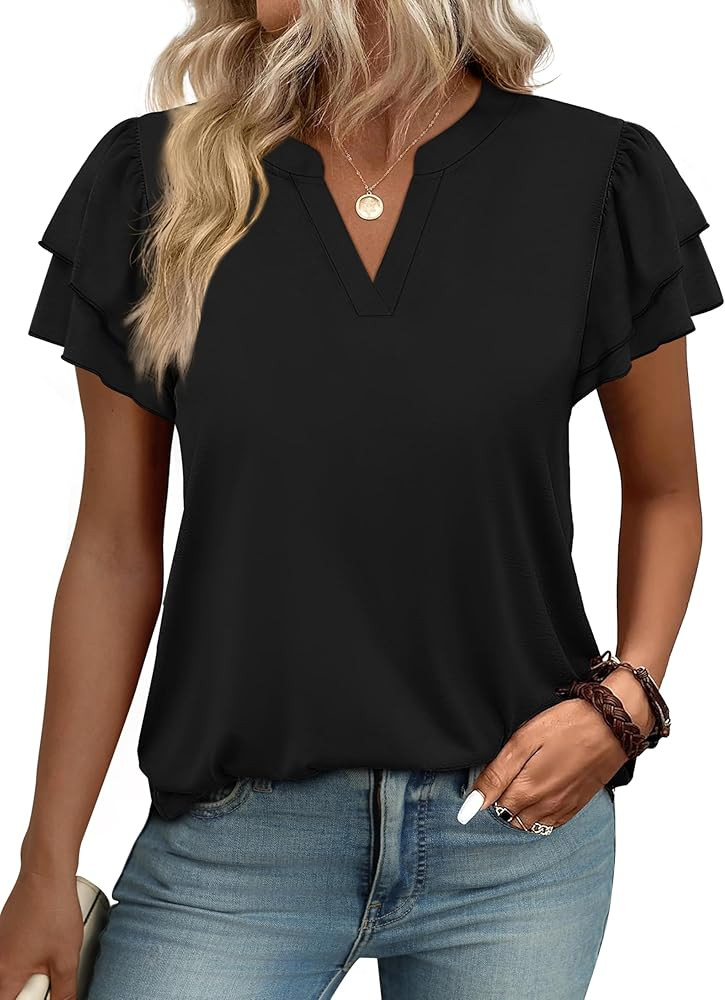 OFEEFAN Womens Blouses Dressy Casual Flutter Sleeve V Neck Tops Business Casual Outfits | Amazon (US)