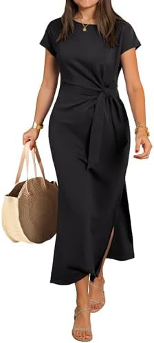 ANRABESS Womens Summer Maxi Dress Casual Crew Neck Tie Waist Split Wrinkle-Free Fit Long Fashion ... | Amazon (US)
