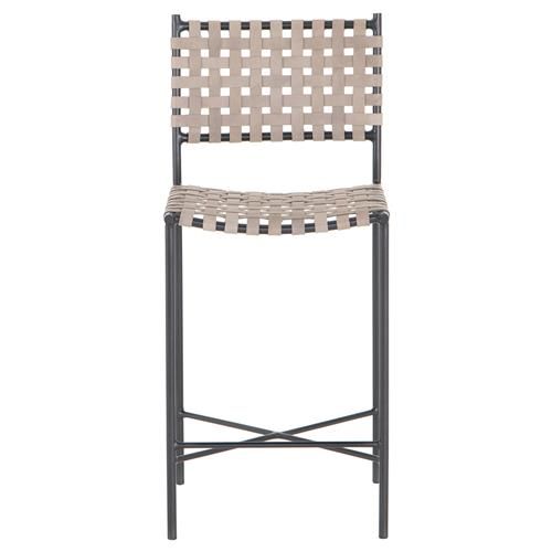 Jane Industrial Loft Grey Woven Leather Sling Black Iron Counter Stool | Kathy Kuo Home